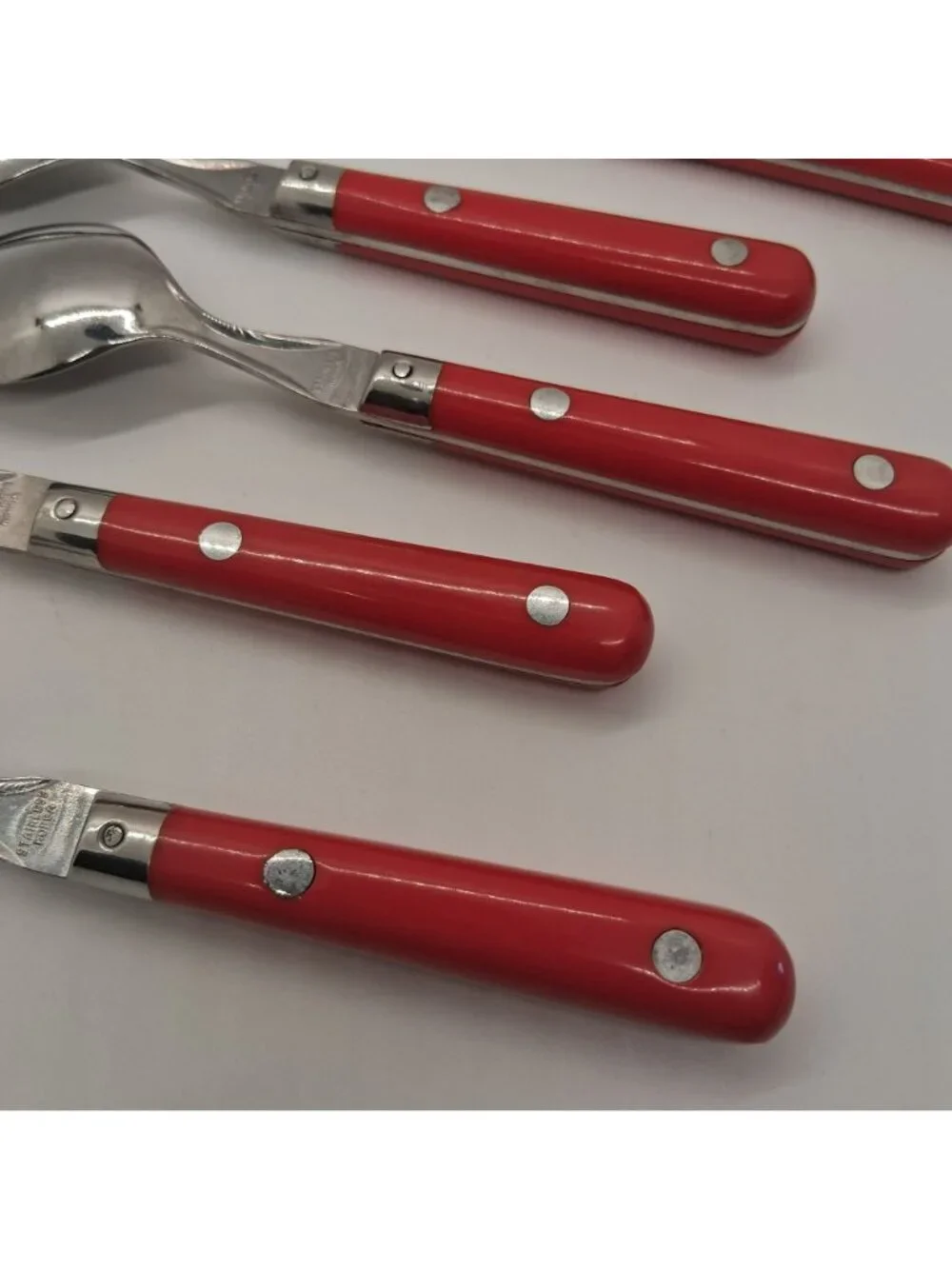 Set Of 5 Vintage Tea Spoons Red Handled Stainless Steel Made In Korea